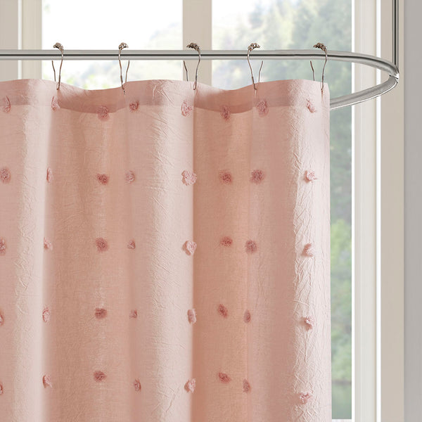 English Elm Brooklyn Cotton Yarn-Dyed Jacquard Pom Pom Shower Curtain 70x72 Soft Pink OEKO-TEX Chic Texture B035129340