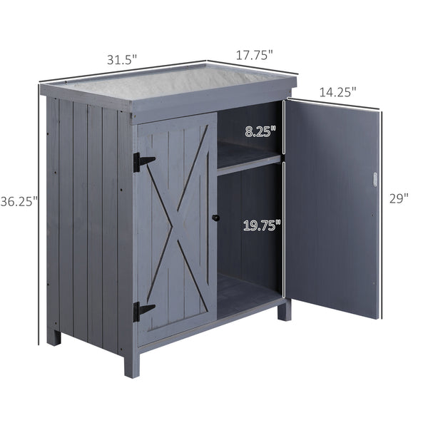 English Elm Garden Wood Storage Cabinet with Galvanized Top, Farmhouse X-Bar Doors, 2 Shelves, Weatherproof Elegance W2225141374