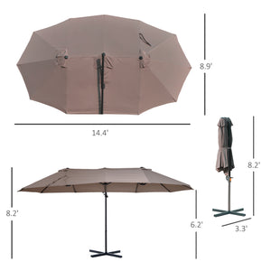 English Elm 14ft Patio Umbrella Extra Large Double-Sided Market Canopy with Crank, UV Protection & Sturdy Base Brown W2225141415
