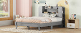 English Elm Full Size Platform Bed With Storage Headboard,Multiple Storage Shelves On Both Sides,Grey