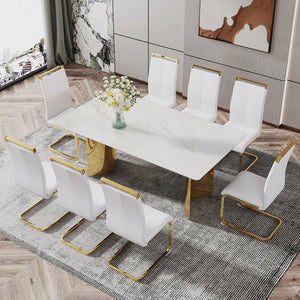 English Elm Modern Minimalist Dining Table With White Imitation Marble Top & Gold Metal Legs - 71" X 39" W1151S04320