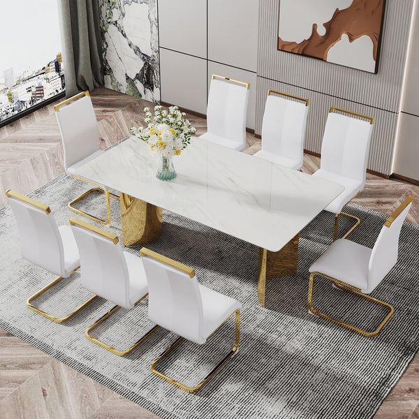 English Elm Modern Minimalist Dining Table With White Imitation Marble Top & Gold Metal Legs - 71" X 39" W1151S04320