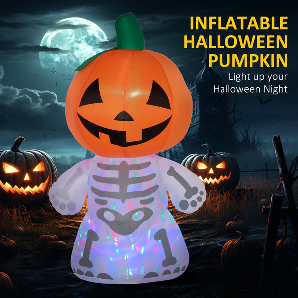 English Elm 6ft Smiling Pumpkin Skeleton Inflatable with LED Rotating Lights, Waterproof Yard Decor for Halloween W2225141485