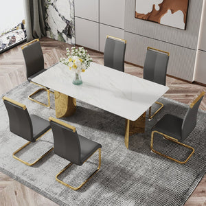 English Elm Modern Minimalist Dining Table With White Imitation Marble Top & Gold Metal Legs - 71" X 39" W1151S04320