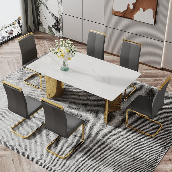 English Elm Modern Minimalist Dining Table With White Imitation Marble Top & Gold Metal Legs - 71" X 39" W1151S04320