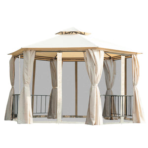 English Elm 13' x 13' Patio Gazebo Hexagon Double-Tier Outdoor Canopy with Mesh Netting & Privacy Curtains, Sturdy Steel Frame for Garden, Lawn, Backyard, Deck, Weather-Resistant Protection Beige W2225S00007