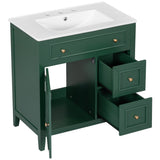 English Elm 30" Bathroom Vanity With Sink Top, Bathroom Vanity Cabinet With Door and Two Drawers, Solid Wood Frame, One Package, Green (Old Sku:Wf311620Aag)