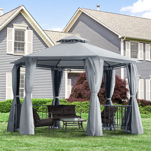 English Elm 13' x 13' Patio Gazebo Hexagon Double-Tier Outdoor Canopy with Mesh Netting & Privacy Curtains, Sturdy Steel Frame for Garden, Lawn, Backyard, Deck, Weather-Resistant Protection Gray W2225S00008