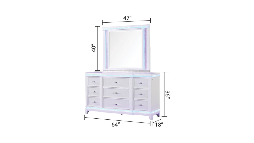 English Elm OPIUM King 5-Pc Bedroom Set in Milky White with LED Headboard, Upholstered Glam, Dresser Mirror Chest Nightstand B009S01220