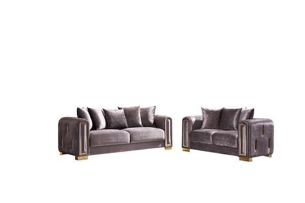 English Elm Impreza Luxurious velvet 2Pc living room set with gold birch frame, ornate gold accents, modern glam design Silver B009S01223