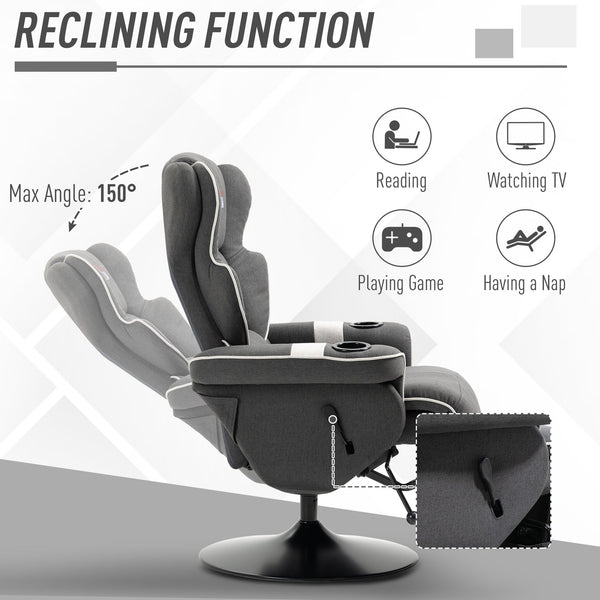 English Elm Manual Linen Recliner Swivel Chair with Footrest, 150° Recline, 360° Rotation, Dual Cup Holders, Black W2225141479
