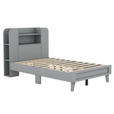 English Elm Twin Size Platform Bed With Storage Headboard,Multiple Storage Shelves On Both Sides,Grey