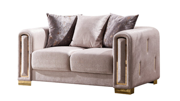 English Elm IMPREZA Opulent 3PC Velvet Living Room Set with Gold Birch Frame, Glamorous Metallic Accents and Comfort Beige B009S01947