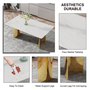 English Elm Modern Minimalist Dining Table With White Imitation Marble Top & Gold Metal Legs - 71" X 39" W1151S04320