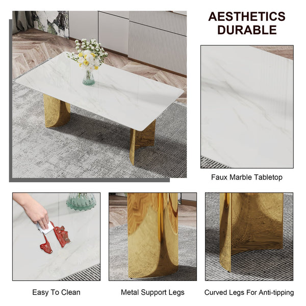 English Elm Modern Minimalist Dining Table With White Imitation Marble Top & Gold Metal Legs - 71" X 39" W1151S04320
