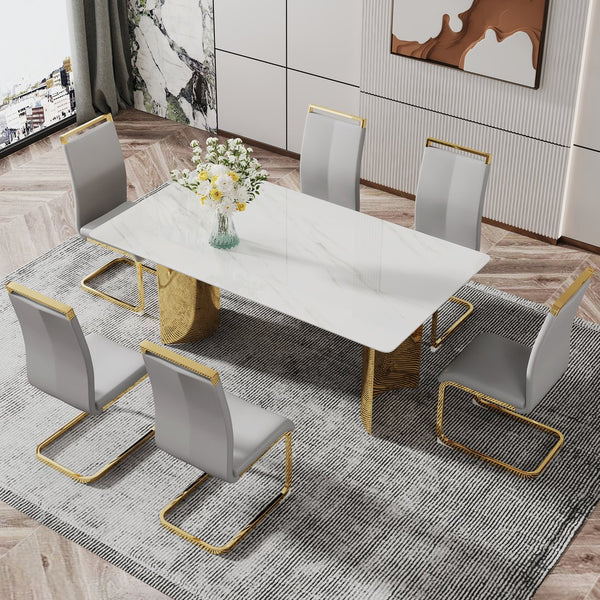 English Elm Modern Minimalist Dining Table With White Imitation Marble Top & Gold Metal Legs - 71" X 39" W1151S04320