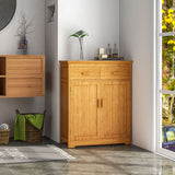 English Elm Bathroom Storage Cabinet, Bamboo Floor Cabinet With Drawers, Double Doors and Adjustable Shelves, Natural