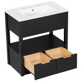 English Elm 30" Bathroom Vanity With Sink Top, Bathroom Cabinet With Open Storage Shelf and Two Drawers, One Package, Black