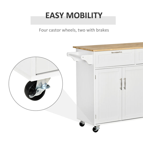 English Elm Mobile Kitchen Island Modern White Cart with Natural Wood Top, 3 Cabinets, 2 Drawers, Wheels, Rack W2225141453