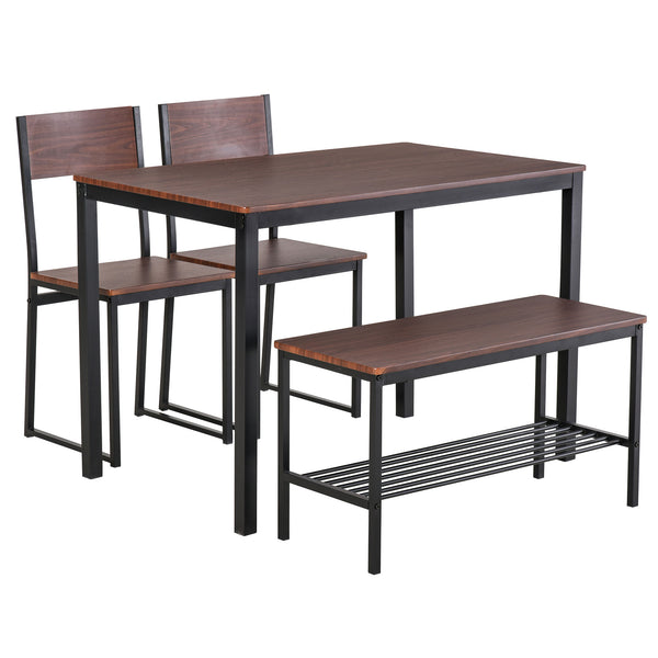 English Elm Industrial Rustic Brown 4-Piece Dining Set with Bench & Under-Seat Storage Rack, Space-Saving MDF Steel Frame W2225141222