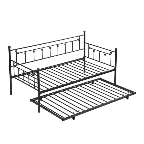 English Elm Daybed with Pull Out Trundle Matte Black Steel Frame for Kids or Guest Rooms W311128174