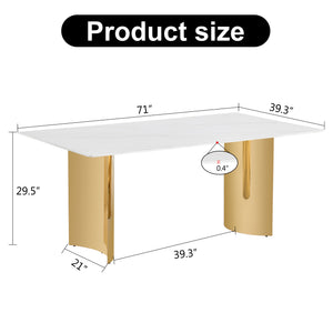 English Elm Modern Minimalist Dining Table With White Imitation Marble Top & Gold Metal Legs - 71" X 39" W1151S04320