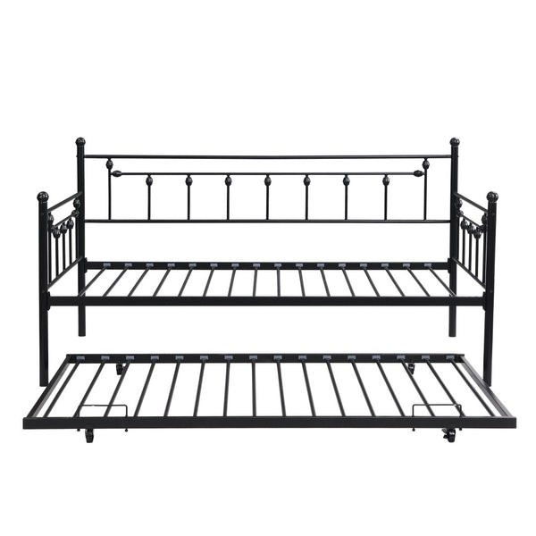 English Elm Daybed with Pull Out Trundle Matte Black Steel Frame for Kids or Guest Rooms W311128174
