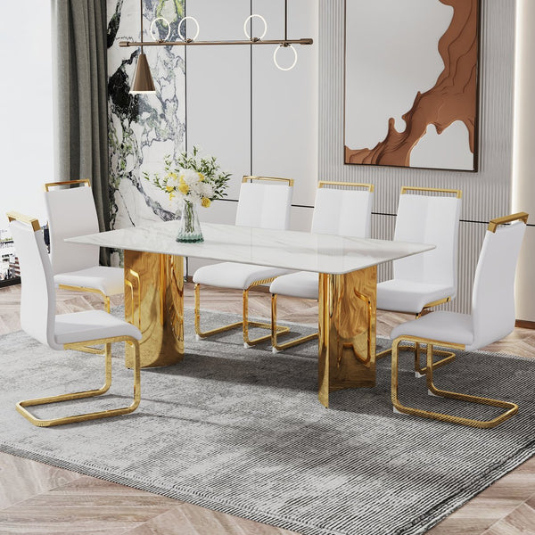 English Elm Modern Minimalist Dining Table With White Imitation Marble Top & Gold Metal Legs - 71" X 39" W1151S04320