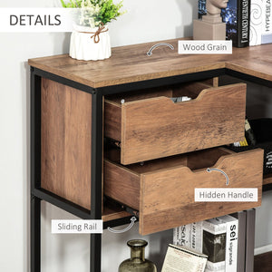 English Elm L-Shaped Industrial Home Office Desk with Storage Shelves, 2 Drawers, Steel Frame, Brown Wood Grain W2225141475