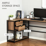 English Elm L-Shaped Home Offie Computer Desk With Storage Shelves, 2 Dawers and Industrial Steel Frame, Black/Brown