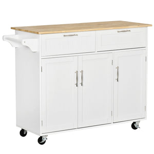 English Elm Mobile Kitchen Island Modern White Cart with Natural Wood Top, 3 Cabinets, 2 Drawers, Wheels, Rack W2225141453