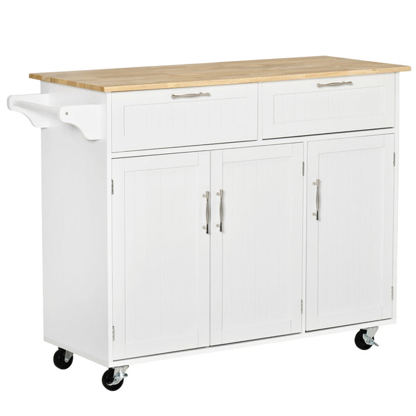 English Elm Mobile Kitchen Island Modern White Cart with Natural Wood Top, 3 Cabinets, 2 Drawers, Wheels, Rack W2225141453