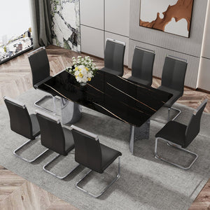 English Elm Modern Minimalist Dining Table - Sleek Black Faux-Marble Glass Top With Polished Silver Metal Legs, 71" W1151S00581