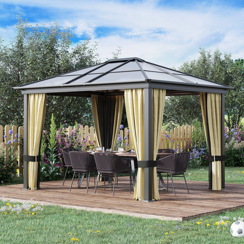 English Elm 10' X 12' Hardtop Gazebo With Uv-Blocking Roof, Aluminum Frame & Adjustable Curtains For Outdoor Bliss W2225S00002