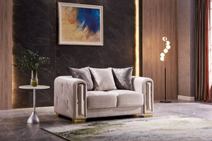 English Elm Modern Impreza Loveseat Beige Velvet with Gold Birch Frame, Ornate Arm & Back Trim, Luxe Seating G150109215