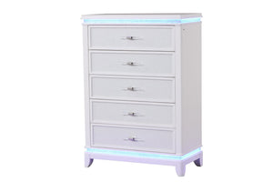 English Elm OPIUM Queen 5-Pc Bedroom Set in Milky White with LED Headboard, Mirror, Dresser, Nightstand, Chest B009S01219