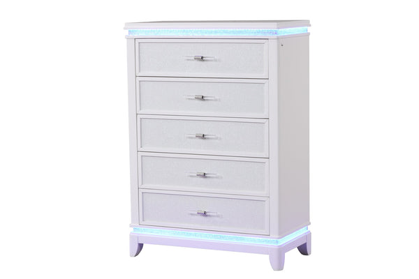 English Elm OPIUM 5 Pc King Bedroom Set in Milky White with LED Headboard, Mirror & Modern Storage, Luxe Finish B009S02129