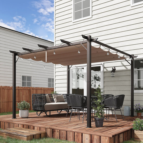 English Elm 10' Outdoor Retractable Pergola Canopy with Aluminum Frame, UV-Proof Fabric, Smooth Slide Rails for Patio Comfort Brown W2225141364