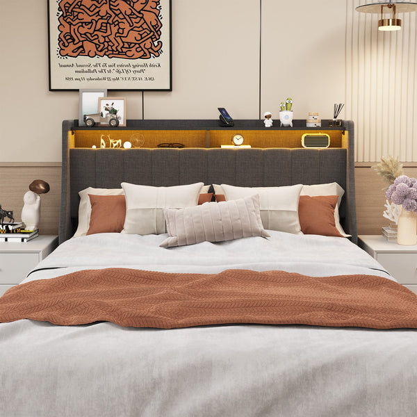 English Elm Full Upholstered Full Bed with RGB LED Headboard, 4 Sliding Storage Drawers, Wings Design DARK GREY W1960S00002