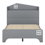 English Elm Wooden Twin Size House Bed With Storage Headboard ,Kids Bed With Storage Shelf,Grey