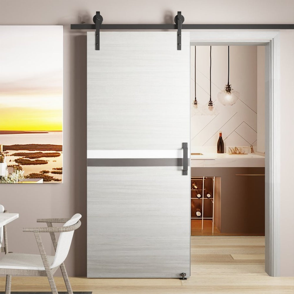 English Elm Crazy Elf Triple Primed Barn Door Slab with Sliding Hardware Kit for Modern Interiors W936S00011