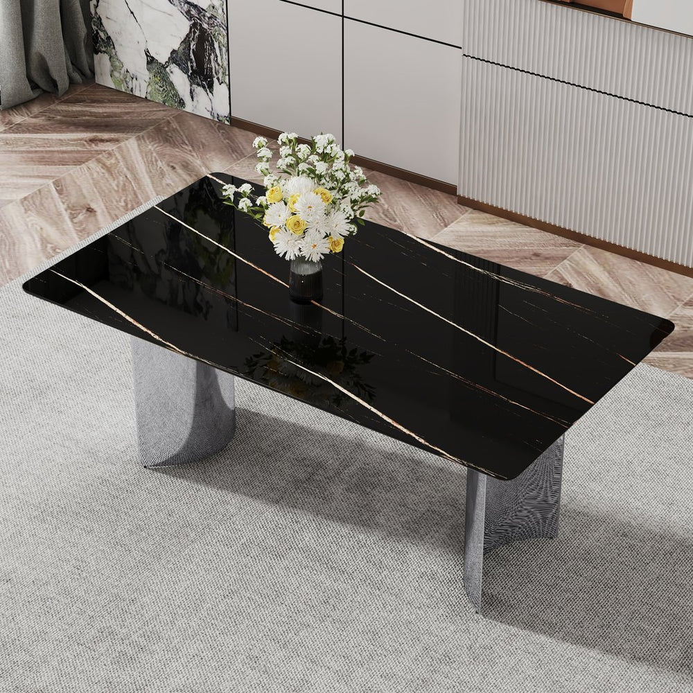 English Elm Modern Minimalist Dining Table - Sleek Black Faux-Marble Glass Top With Polished Silver Metal Legs, 71" W1151S00581
