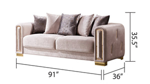 English Elm Impreza Art Deco Velvet Sofa with Gold Leg Accents for Glam Living Rooms Beige B009141287