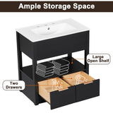 English Elm 30" Bathroom Vanity With Sink Top, Bathroom Cabinet With Open Storage Shelf and Two Drawers, One Package, Black (Old Sku:Wf311619Aap)