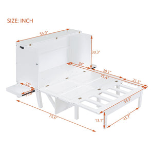 English Elm Full Size Murphy Wall Bed with Usb Charging Removable Shelves Pine Cabinet White LP001660AAK