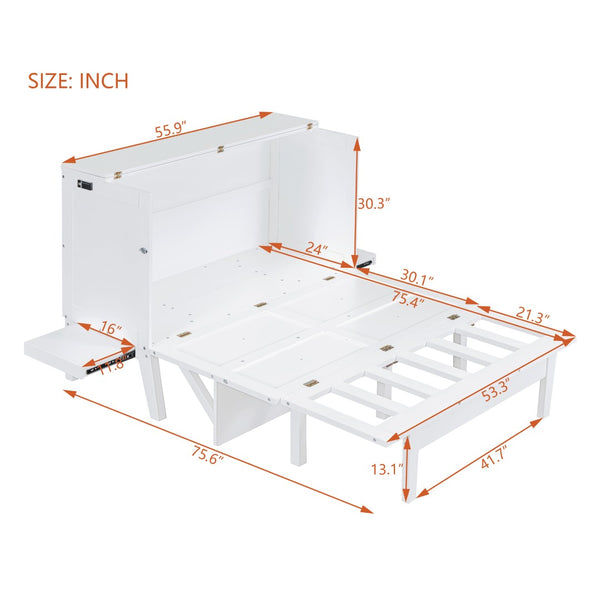 English Elm Full Size Murphy Wall Bed with Usb Charging Removable Shelves Pine Cabinet White LP001660AAK