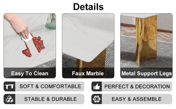 English Elm Modern Minimalist Dining Table With White Imitation Marble Top & Gold Metal Legs - 71" X 39" W1151S04320
