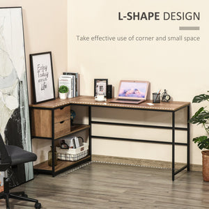 English Elm L-Shaped Industrial Home Office Desk with Storage Shelves, 2 Drawers, Steel Frame, Brown Wood Grain W2225141475