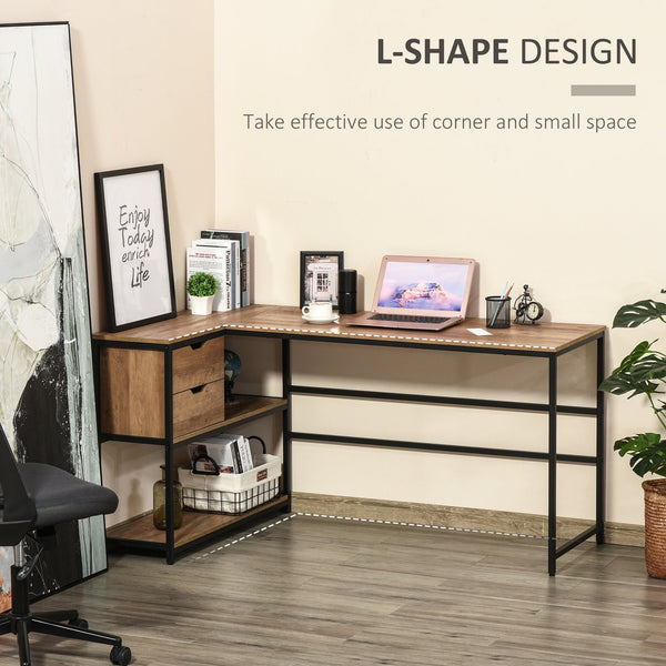 English Elm L-Shaped Industrial Home Office Desk with Storage Shelves, 2 Drawers, Steel Frame, Brown Wood Grain W2225141475