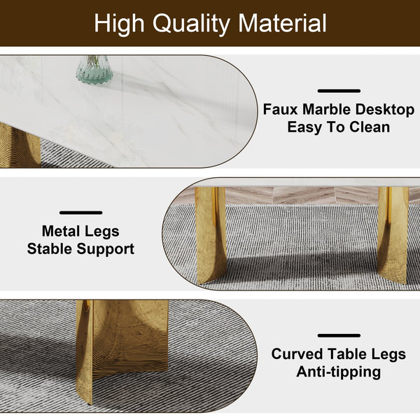 English Elm Modern Minimalist Dining Table With White Imitation Marble Top & Gold Metal Legs - 71" X 39" W1151S04320